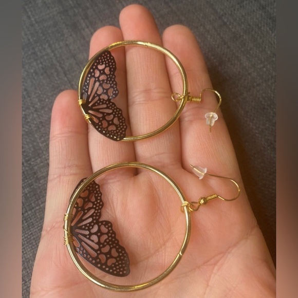 “Black Fairy Wing” Delicate Feminine Perforated Lace Half Butterfly Gold Hoops - Picture 8 of 9
